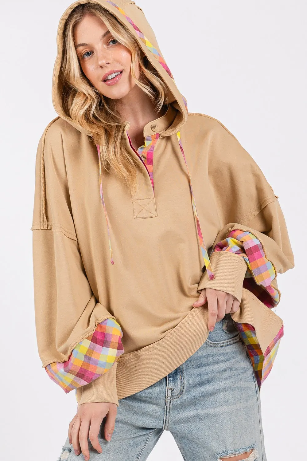 Maxct &SAGE + FIG Full Size Plaid Print Washed Hoodie