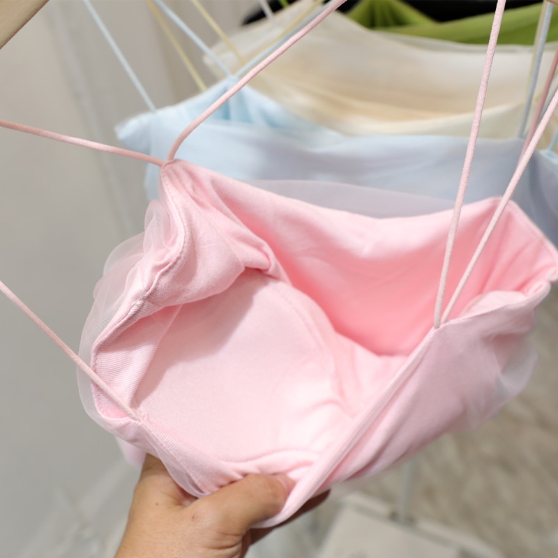 Maxct Mesh Camis Crop Top With Bra Girls Sweet Slim Padded Tube Tops Female Sided Zipper Tank Camisole