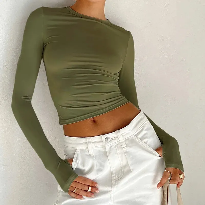 Maxct Female Fashion Going Out T-Shirt Women Sexy Long Sleeve Fitted Crop Tops Y2K Crew Neck Casual Basic Tight Tees Streetwear