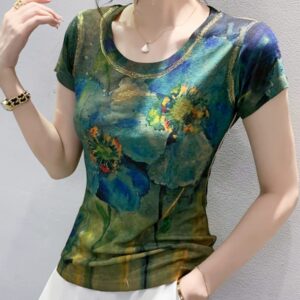 Maxct Summer Fashion Bronzing T-shirts Women's Printed Floral High Stretchy Tops Tees Lady Slim T Shirt
