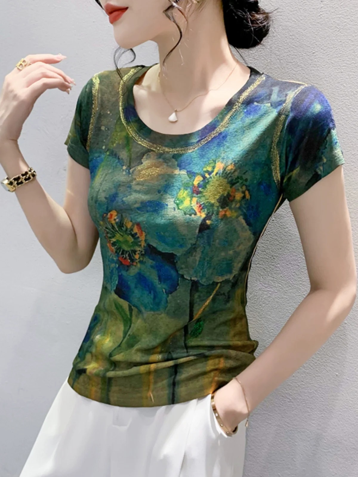 Maxct Summer Fashion Bronzing T-shirts Women's Printed Floral High Stretchy Tops Tees Lady Slim T Shirt