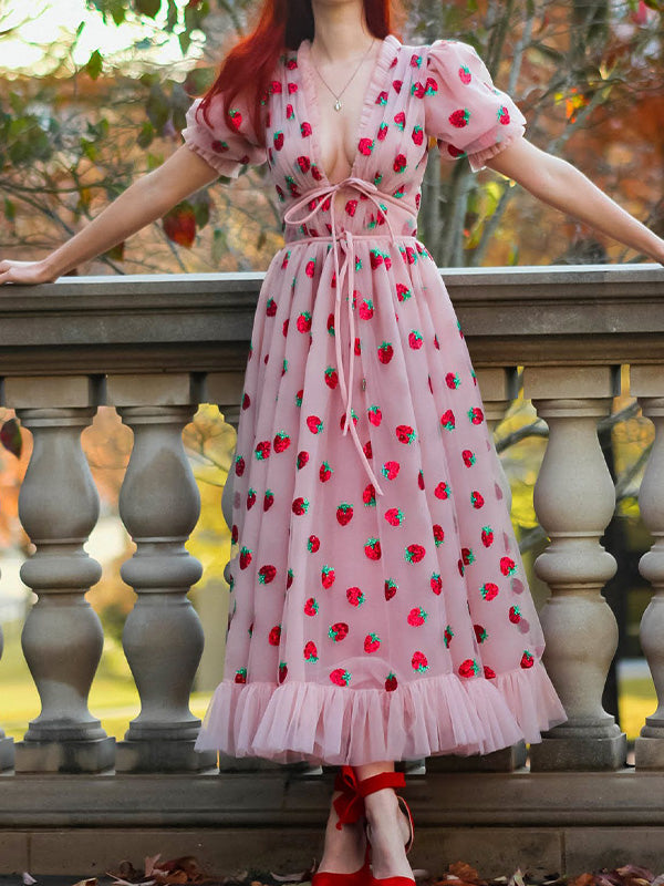 Sequined Strawberry Mesh Pleated Maxi Dress Maxct