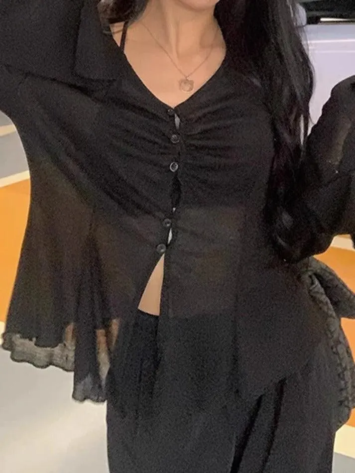 Maxct V Neck Split Flare Sleeve Long Sleeve Blouse