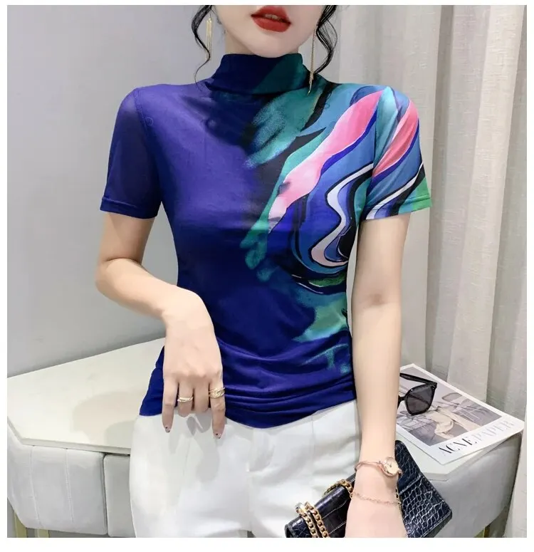 Maxct Summer Women Half Turtleneck Short Sleeve T Shirts Lady Elastic Tops Tees Female Basic Fashion Printing Mesh T-Shirt