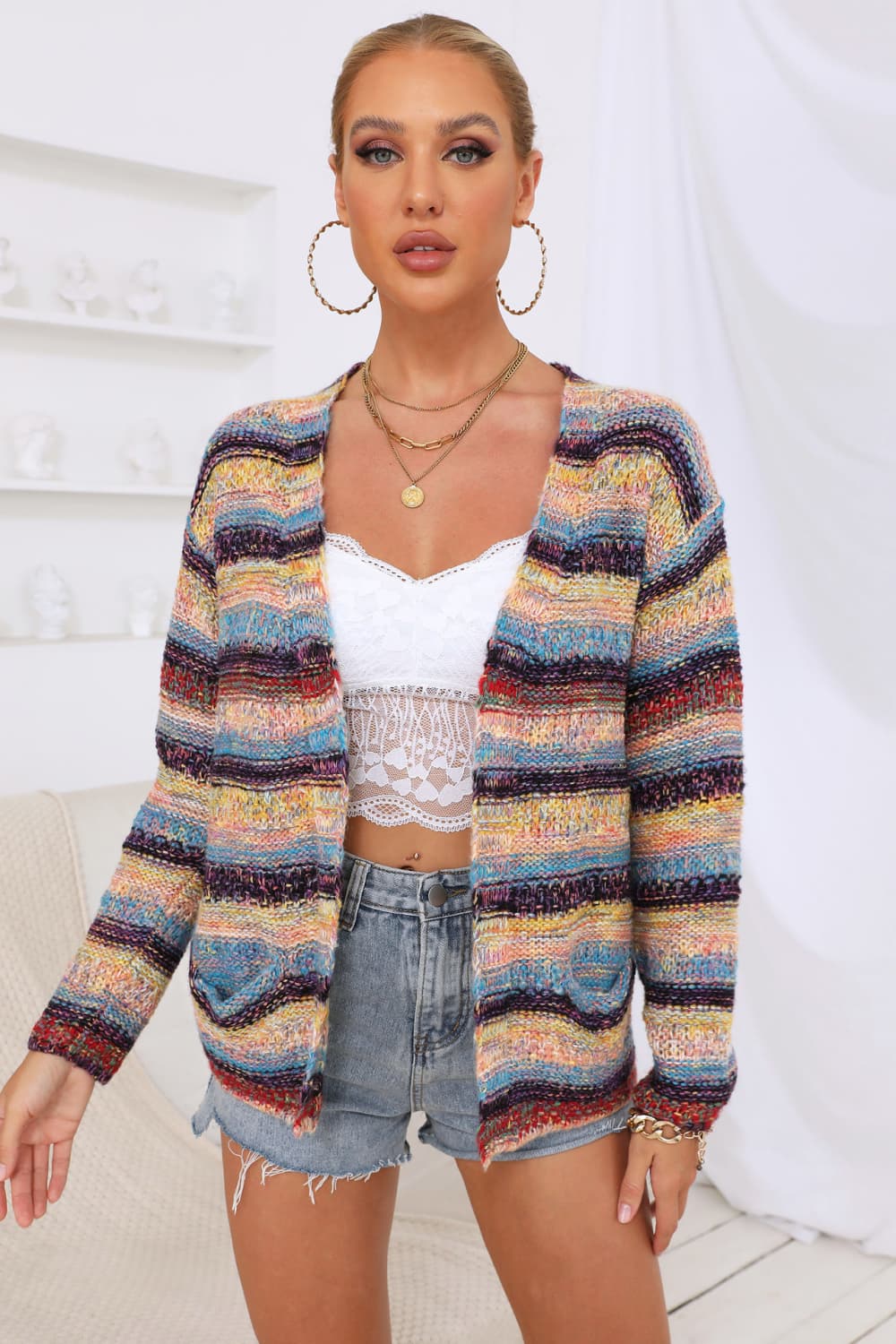 Maxct &Striped Long Sleeve Open Front Cardigan