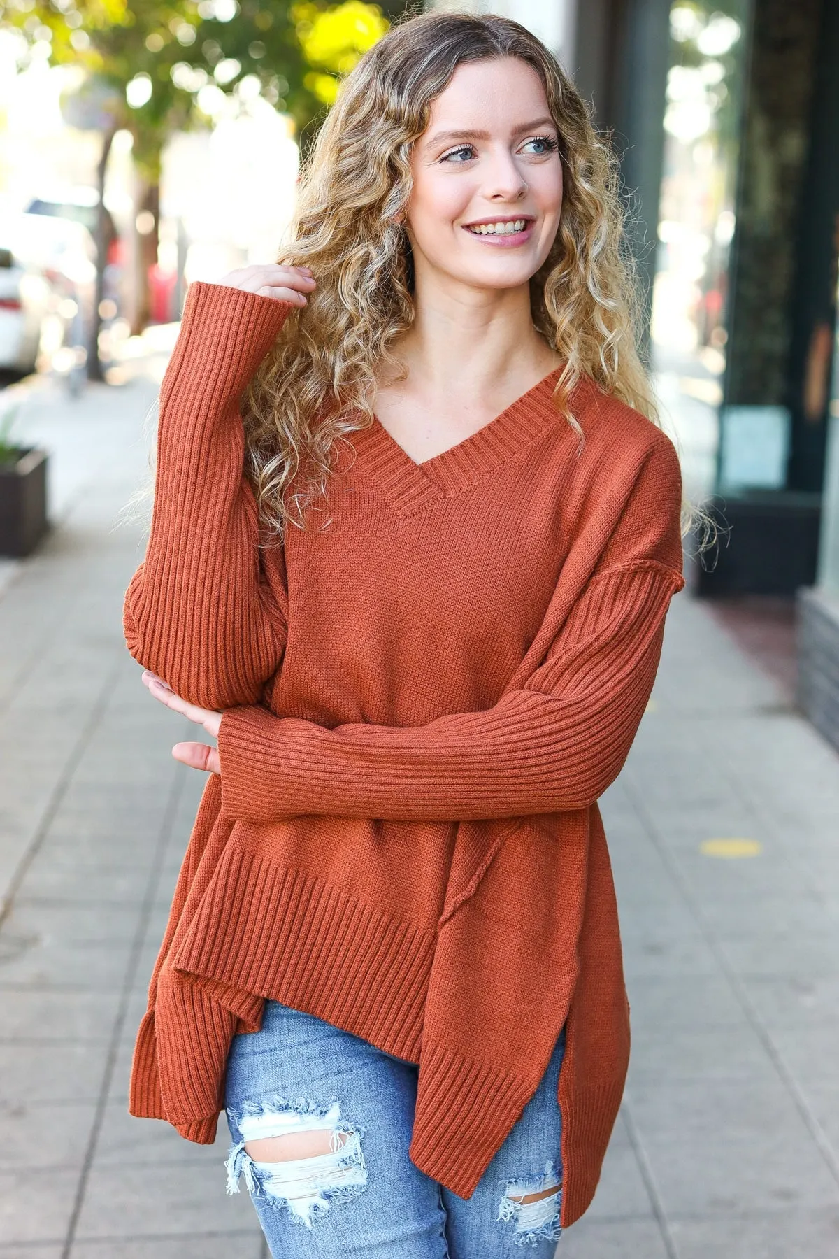 Maxct &Casual Chic Rust Oversized V Neck Rib Knit Sweater
