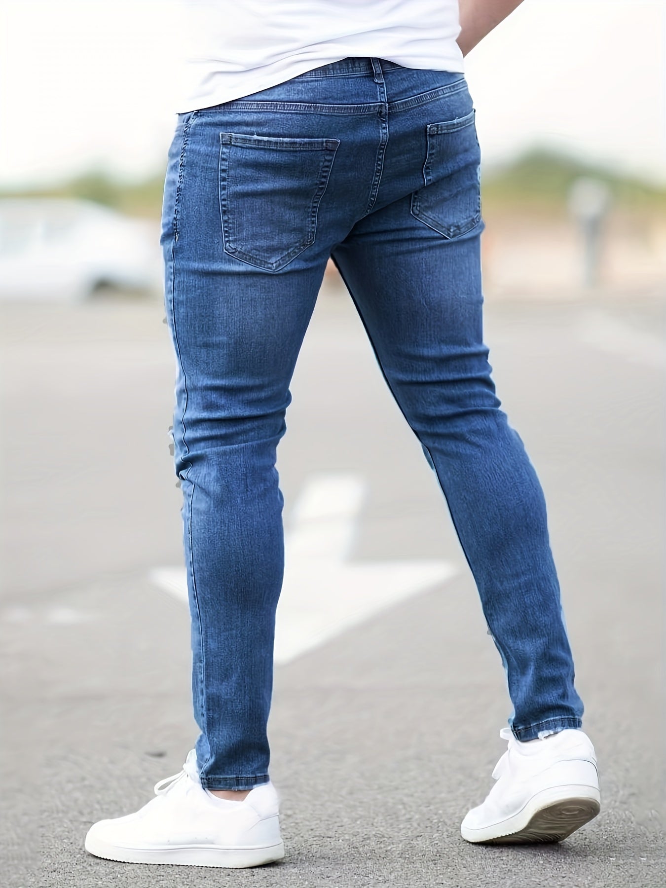 Maxct  Slim Fit Ripped Jeans, Men's Casual Street Style Distressed Mid Stretch Denim Pants For Spring Summer