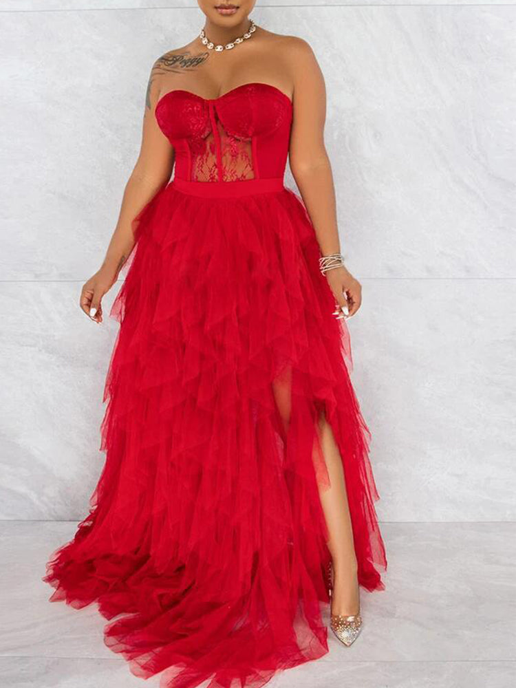 Lace Slit Tulle Dress Maxct