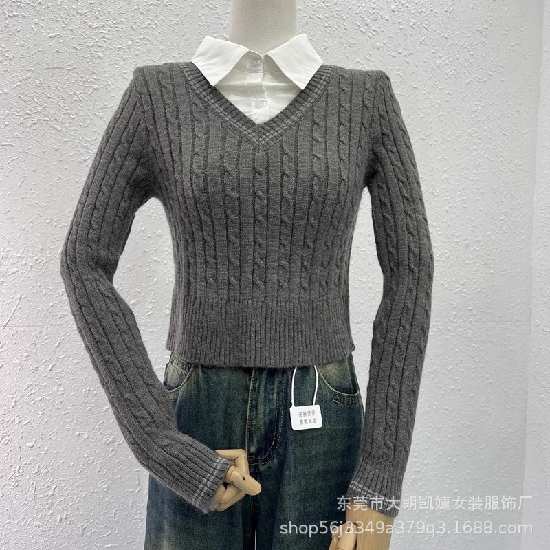 Maxct classy outfits men Preppy Style Twist Stitching Shirt Collar Fake Two Pieces Autumn New Knitwear Sweater Coat Top for Women