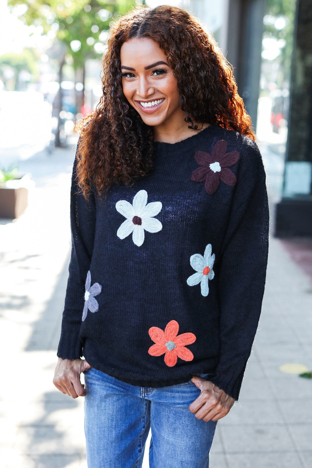 Maxct &Eyes On You Black Flower Patch Oversized Knit Sweater