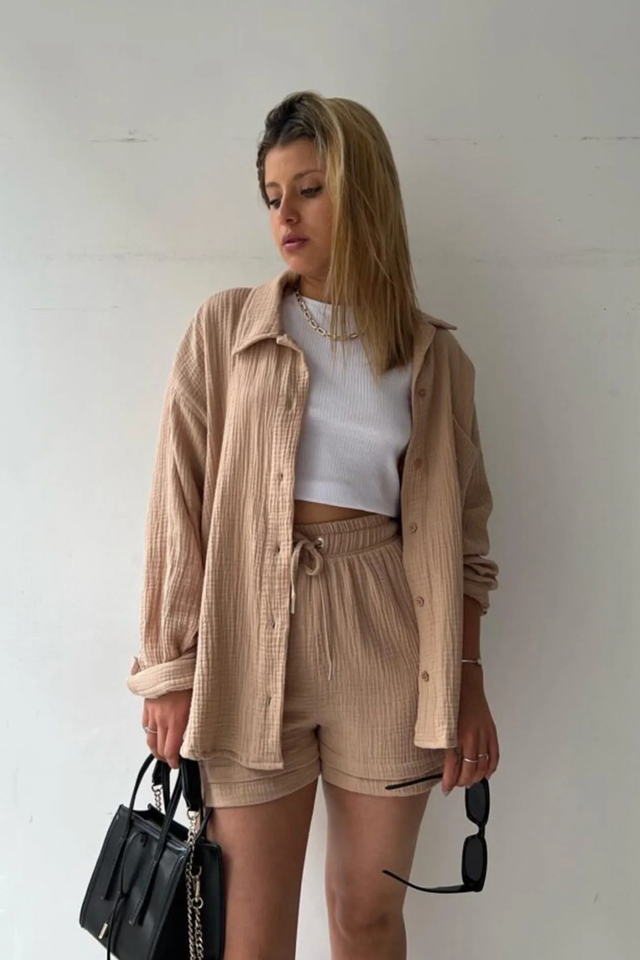 Maxct Long Sleeve Solid Color Shirt Shorts Set