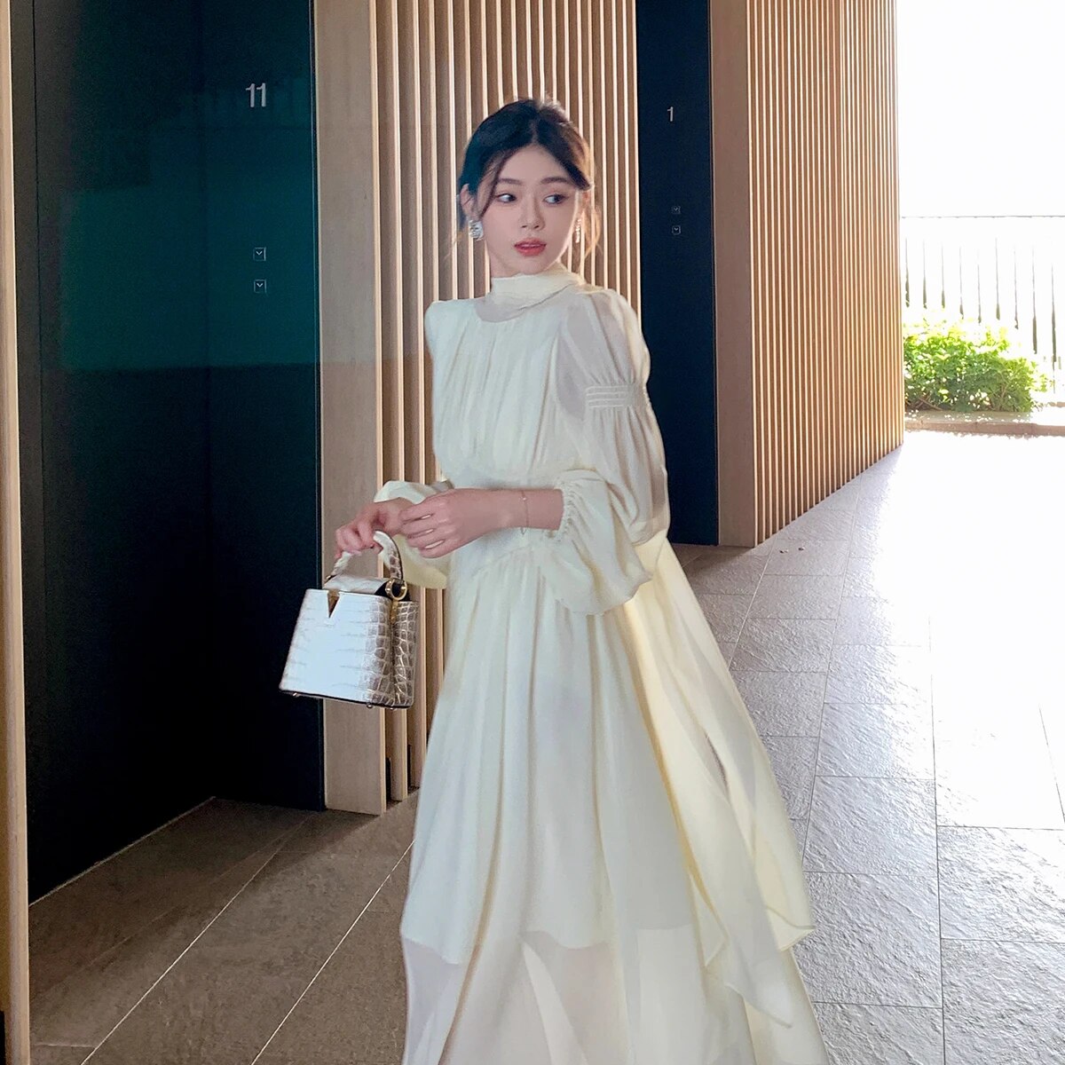 Maxct French Chiffon Midi Dresses for Women Elegant Long Sleeve Slim Ruffle Dress Gentle Fairy Clothes Sweet Puffy Short Dress