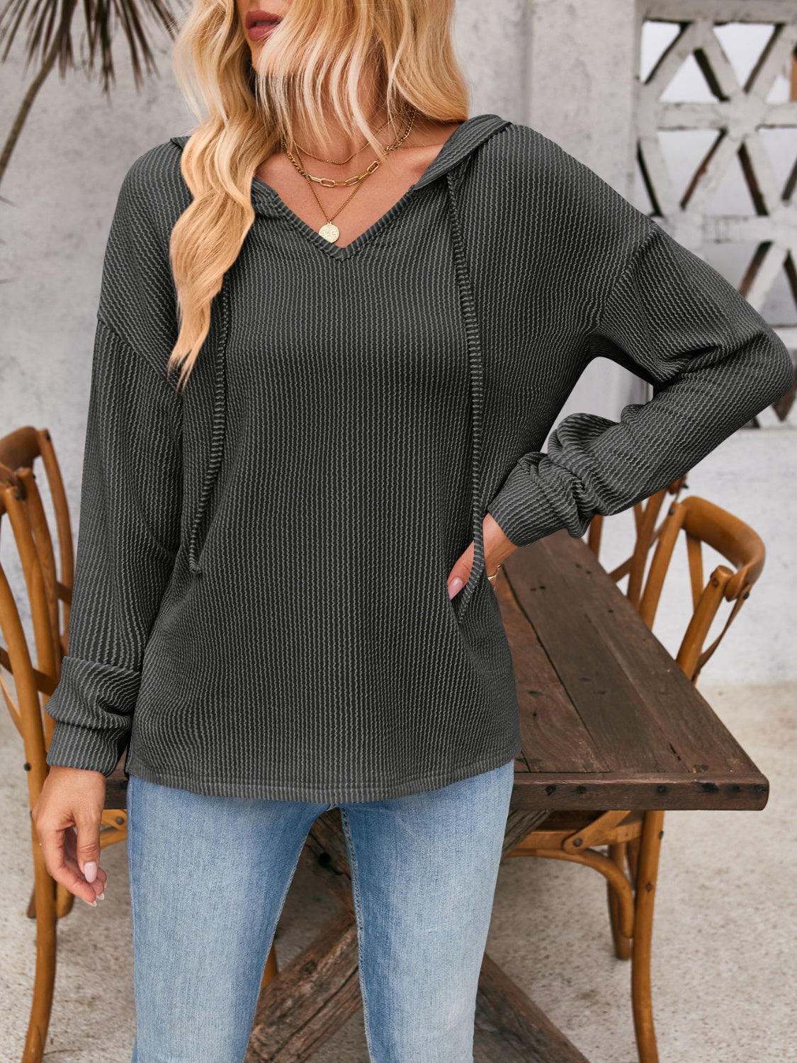 Maxct &Double Take Drawstring Dropped Shoulder Long Sleeve Hoodie