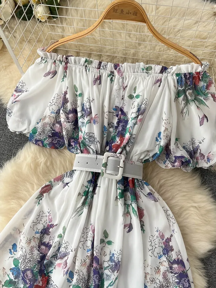 Bohemian Floral Chiffon Long Dress Women Sexy Off Shoulder Ruffle Puff Short Sleeve High Waist A-Line Big Swing Vestidos