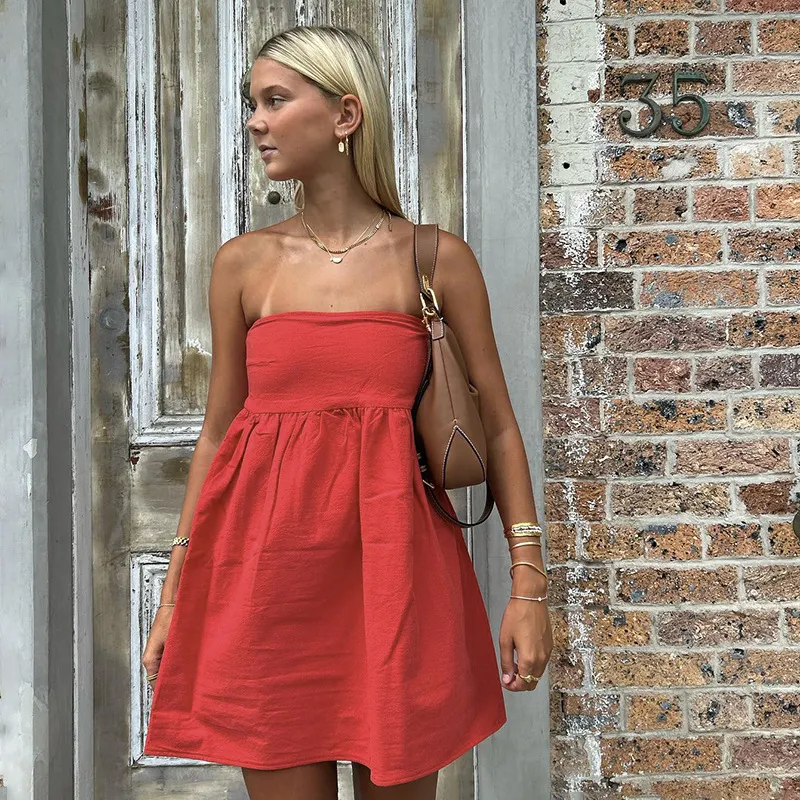 Elegant Solid Strapless Dress Women's Sleeveless Beach Vacation Short Dress Splice Off Shoulder Loose High Waist Clothing