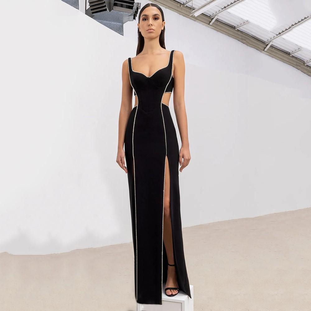 Maxct 2023 Super Hot Summer Women's Wear Black Rhinestone Hollow Strap Long Dress