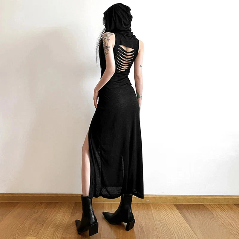 Wasteland Punk Dress y2k Solid Color Sleeveless Hollow Out Back Side Slit Hooded Dress 2000s Grunge Party Dresses Maxct