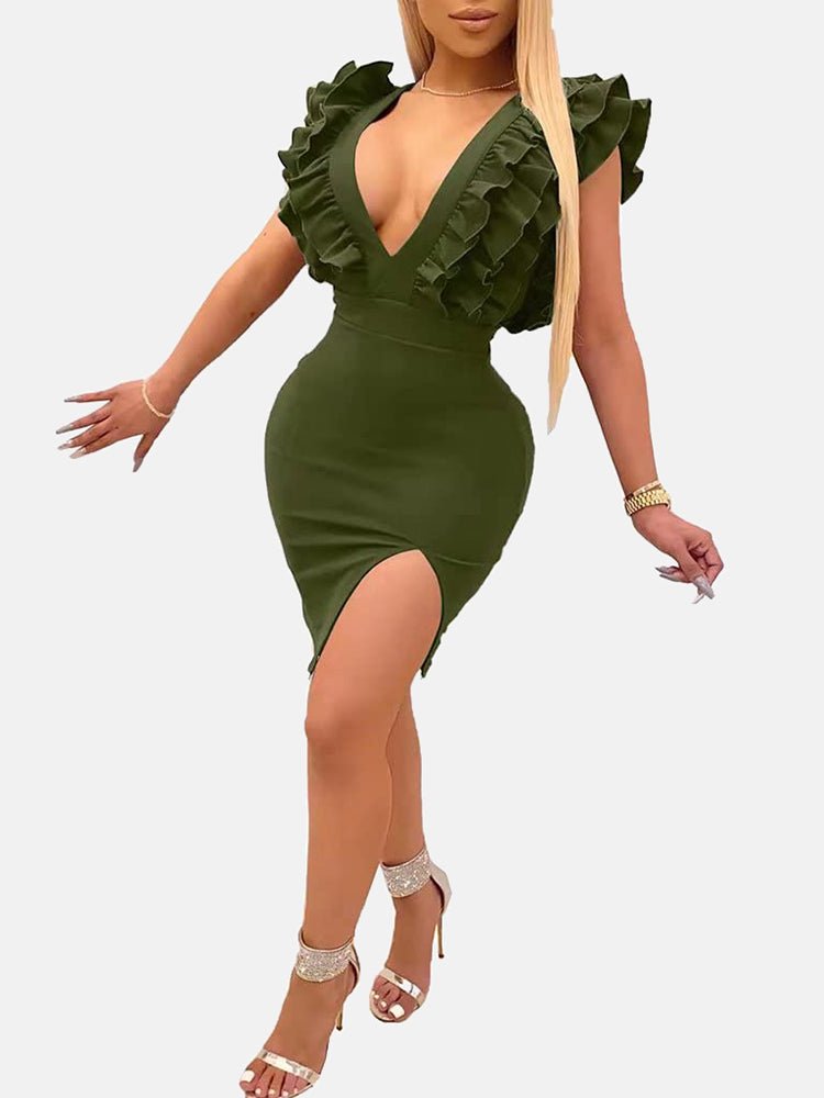 Ruffle Split Bodycon Mini Dress Maxct