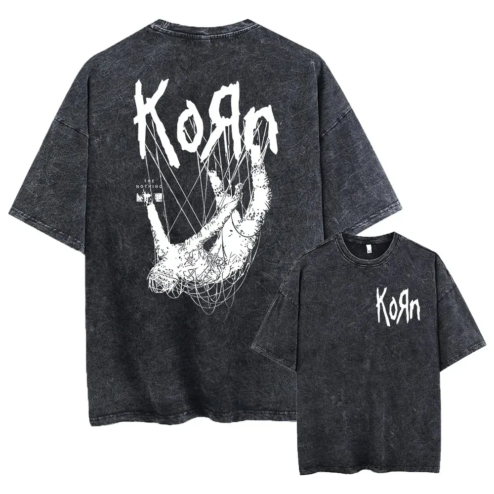 Maxct Washed Vintage Rock Band Korn Falling Away From Me Tshirt Skeleton Print T-shirts Men Fashion Gothic T Shirt Male Oversized Tees