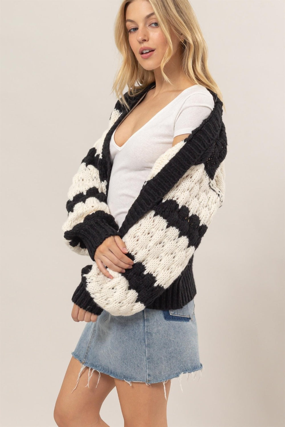 Maxct &HYFVE Scallop Striped Open Front Long Sleeve Sweater Cardigan