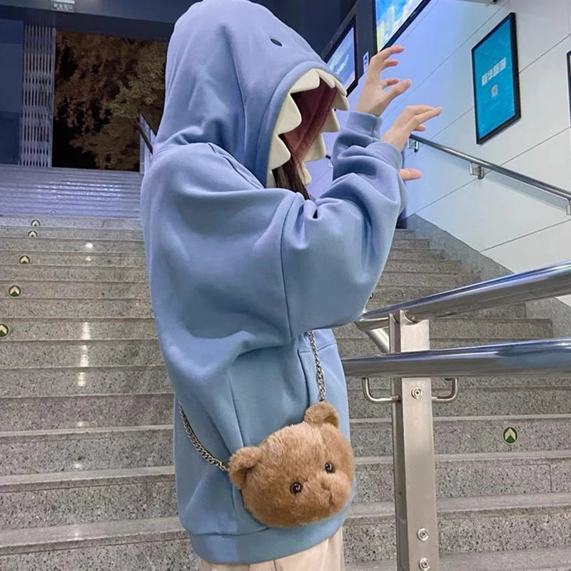 Maxct Funny Shark Patchwork Hoodies Autumn Kawaii Women's Sweatshirt Oversized Casual Long Sleeve Pullover cotton Couple y2k clothes