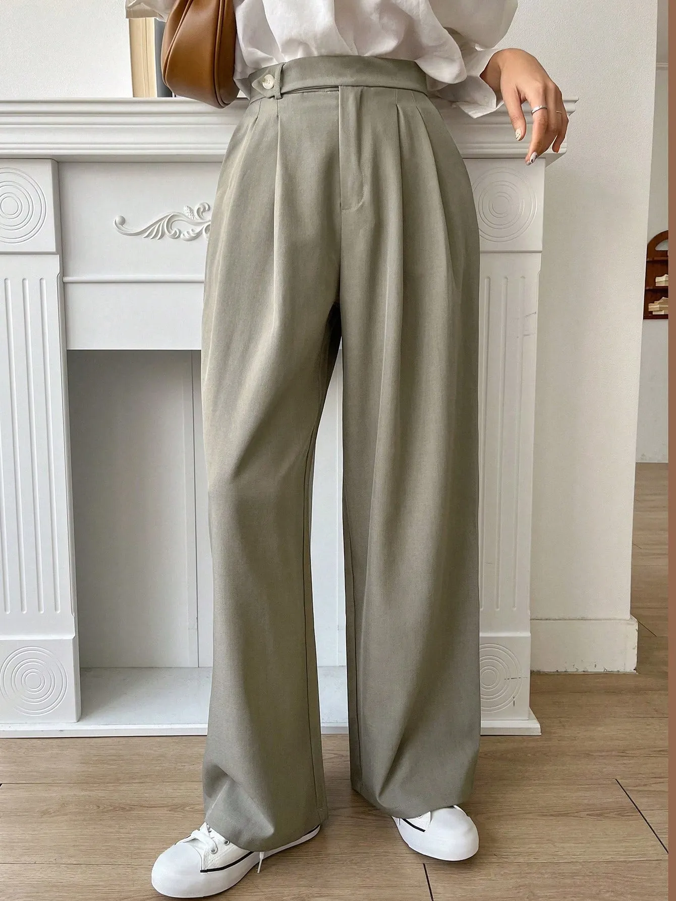 Maxct Women Solid Color Pleated Loose Wide-Leg Suit Pants