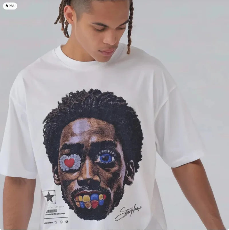 Maxct Summer New Gothic Big Head Pattern Printed Oversized T-shirt Men's Y2K Streetwear Hip Hop Loose Harajuku Round Neck Shirt