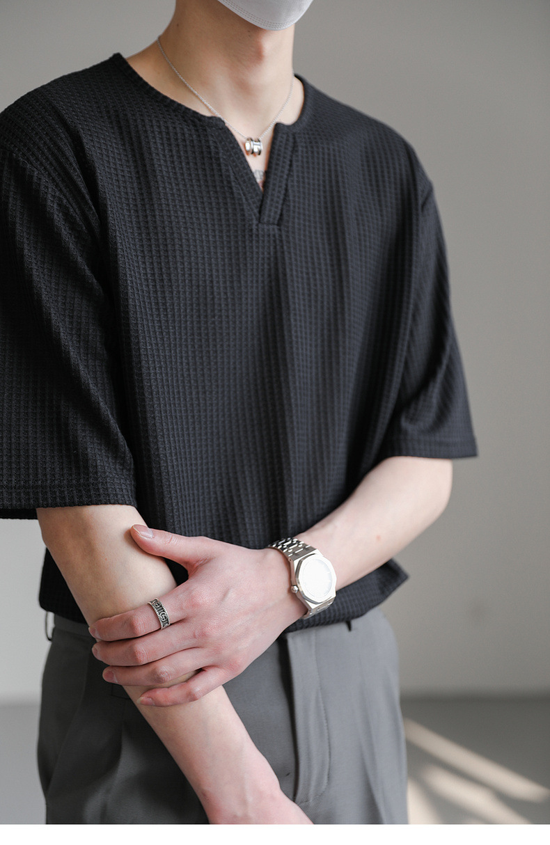 90s Streetwear Summer New Korean Style Loose Small V-neck Short-sleeved T-shirt Men's Fashion Brand Wafflet High-end Sense Half-sleeved T-shirt Top