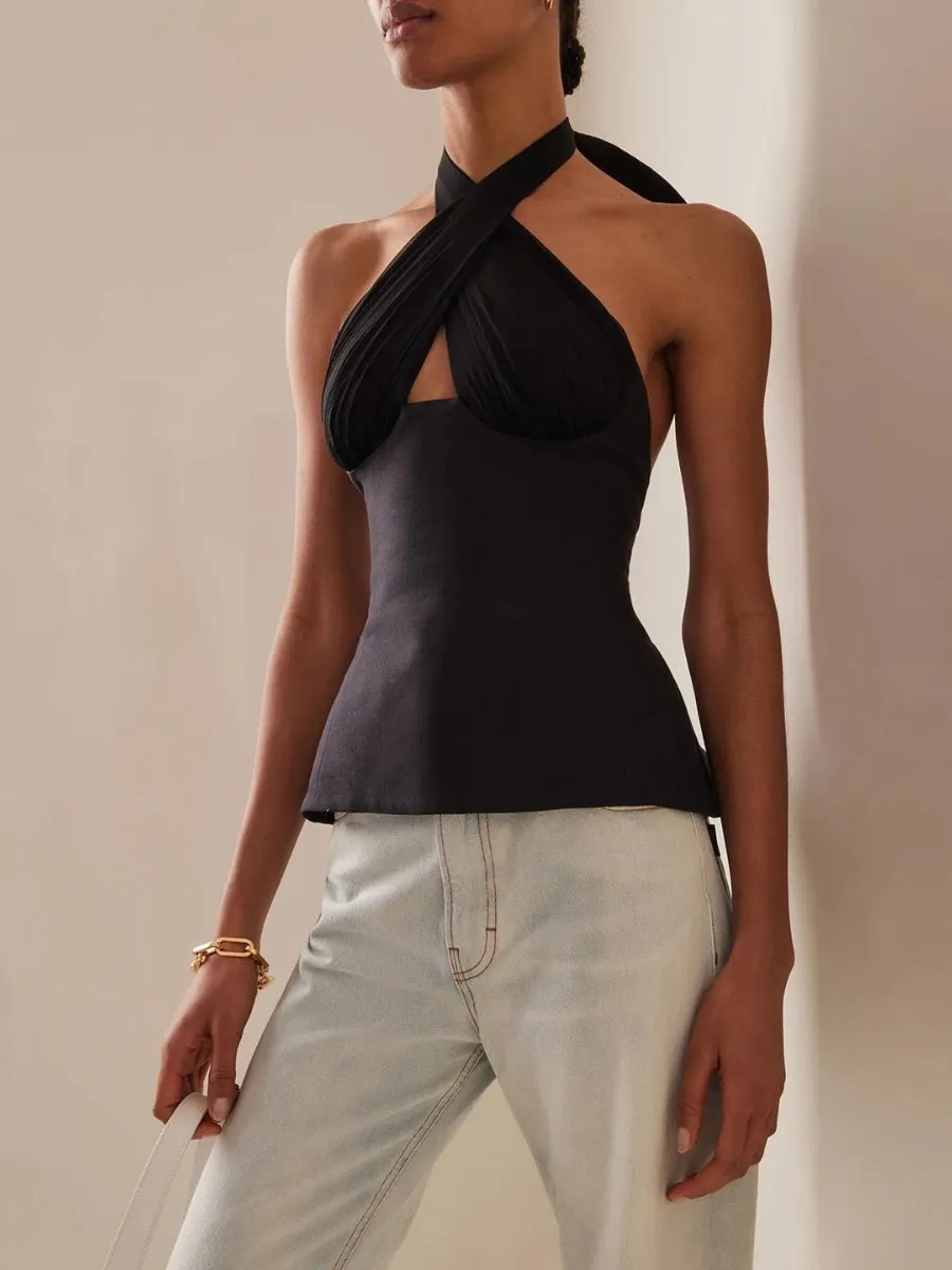 Maxct &Halter Neck Lace Up Ruched Top