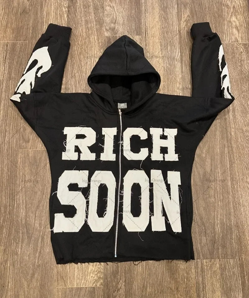 Maxct 90s Streetwear Trendy Brand Crying Face Letter Embroidered Zipper Hoodie Men Y2k Retro Harajuku Jacket Hip-hop Rock Casual Oversized Sweatshirt