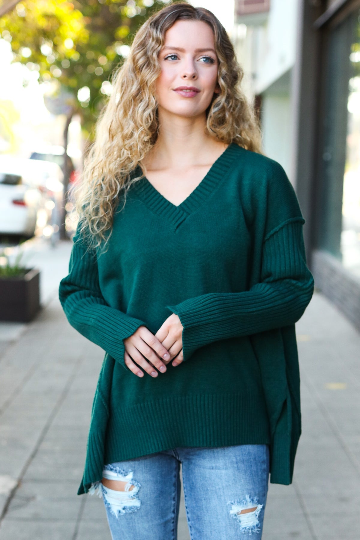 Maxct &Casual Chic Hunter Green Oversized V Neck Rib Knit Sweater