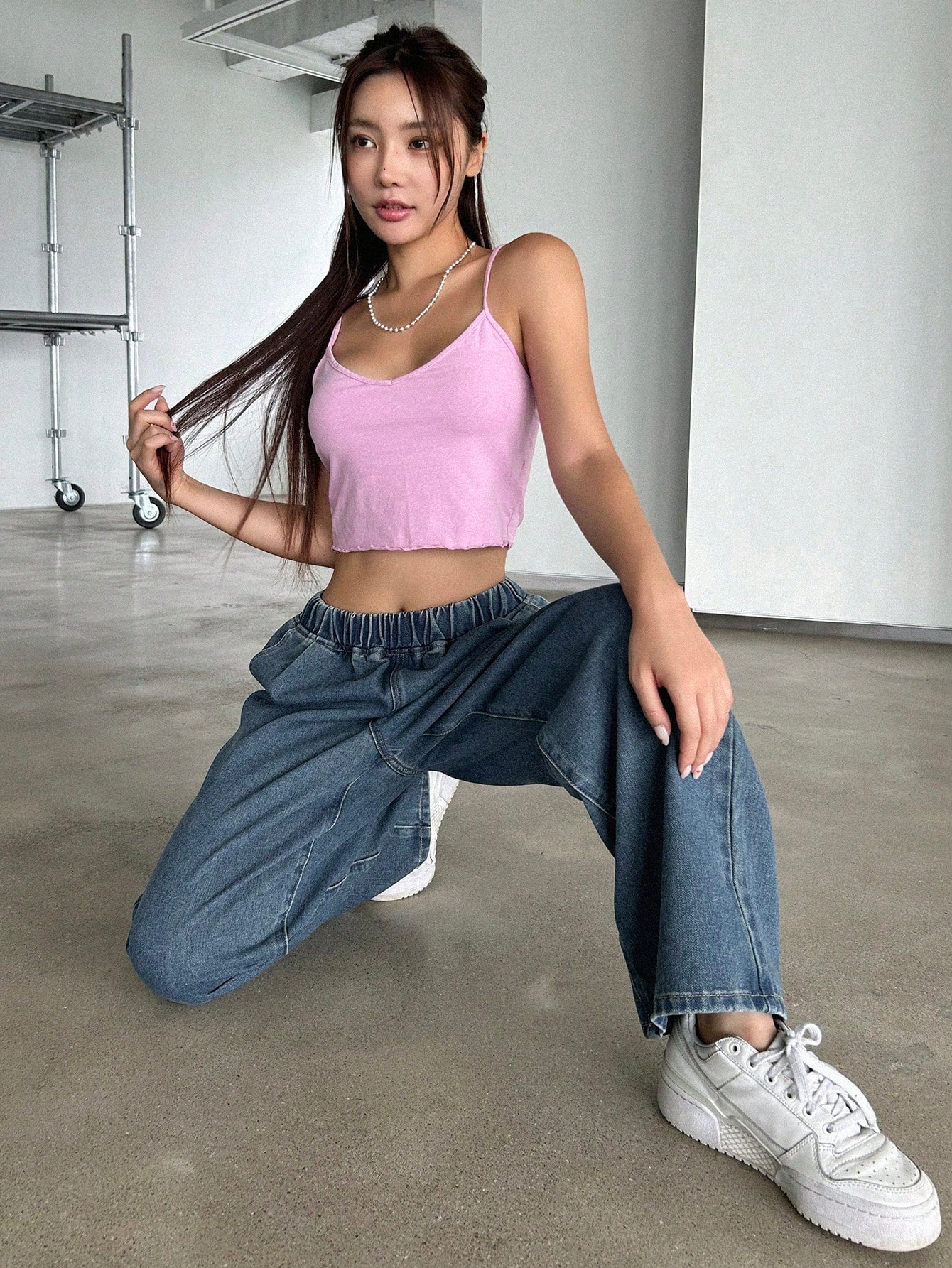 Maxct Women's Elastic Waist Wide Leg Loose Fit Casual Denim Pants With Pockets