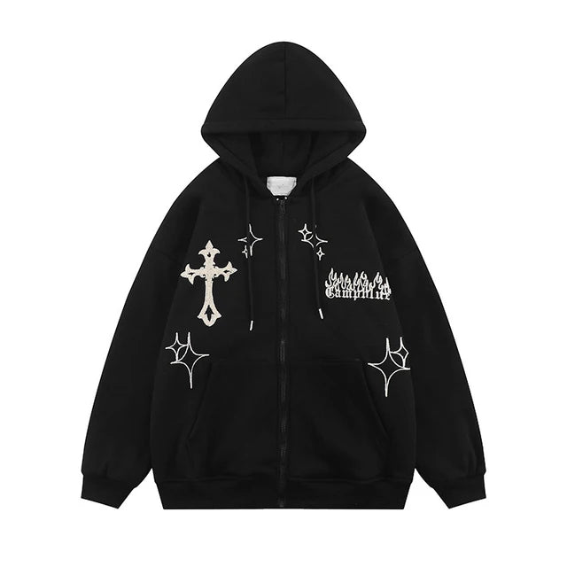 Maxct Retro Trend Y2k Zipper Hoodie Harajuku Hip Hop Oversized Hooded Sweatshirt Men Women Street Punk Rock Jacket Coat Top Streetwear