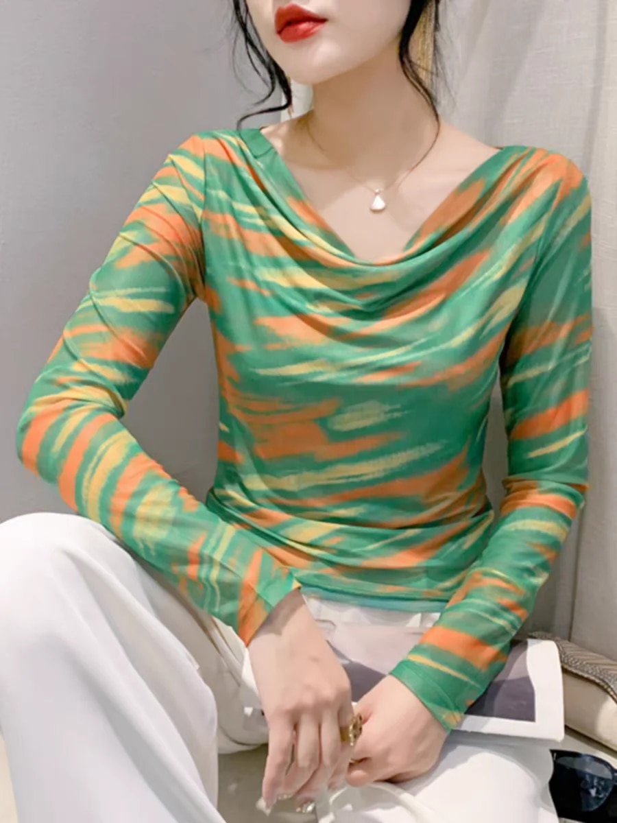 Maxct Spring Summer Double-Layer Mesh Top Long Sleeve Printing T-shirt Woman Slim Fitting Tee For Female