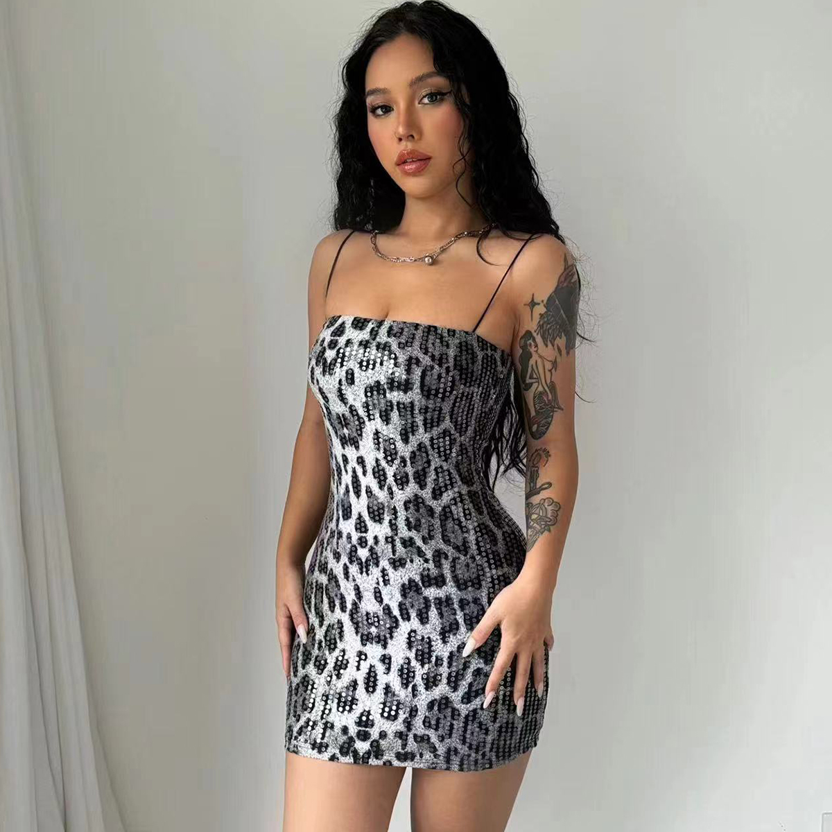 Leopard Print Spaghetti Shoulder Strap Square Collar Mini Dress Sparkly Sequins Party Club Y2K Clothes