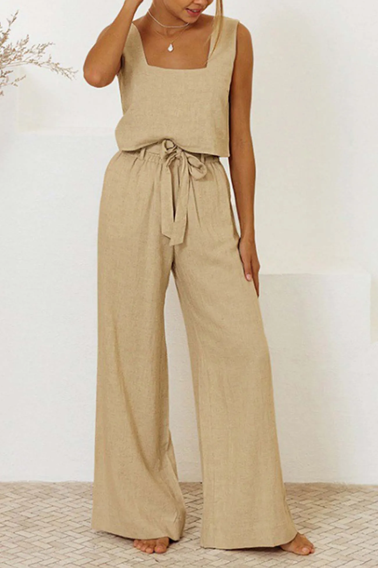 Maxct Cotton Waist-Tie Square Neck Pants Set