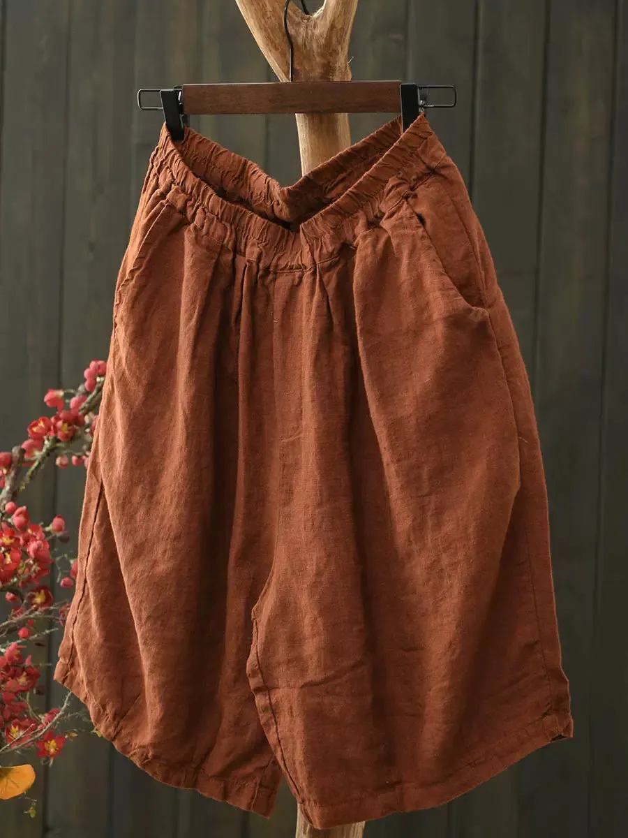 Maxct Women Summer Simple Linen Elastic-Waist Pants