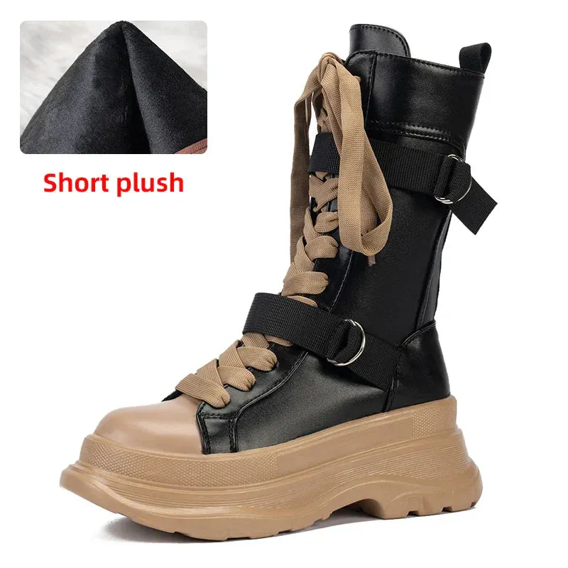 Platform Boots PU Leather Mid-Calf Combat for Women Maxct