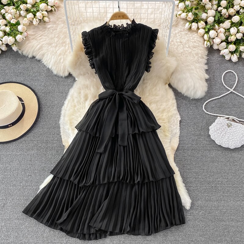 Women's Purple/Pink/Green Draped Dress Vintage Ruffle Stand Collar Sleeveless High Waist Party Pleated Vestidos Female New