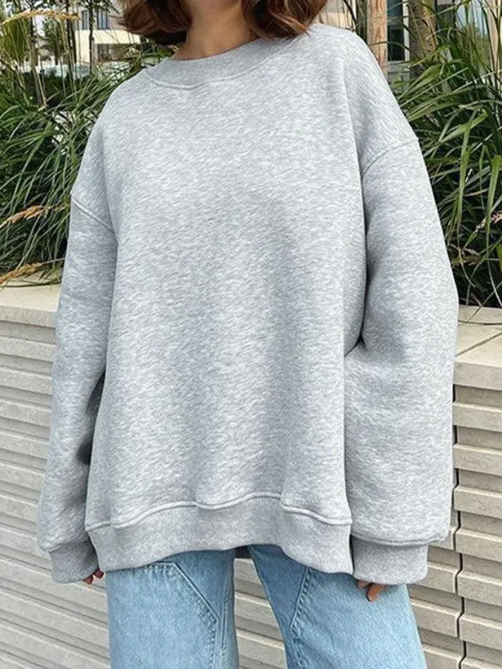 Maxct-Solid Crew Neck Oversized Sweatshirt