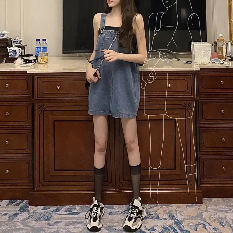 Maxct Korean 2000s Fashion Denim Dresses for Large Women Plus Size Summer Casual Teen Strap Retro Jeans Loose Overall Dress Women