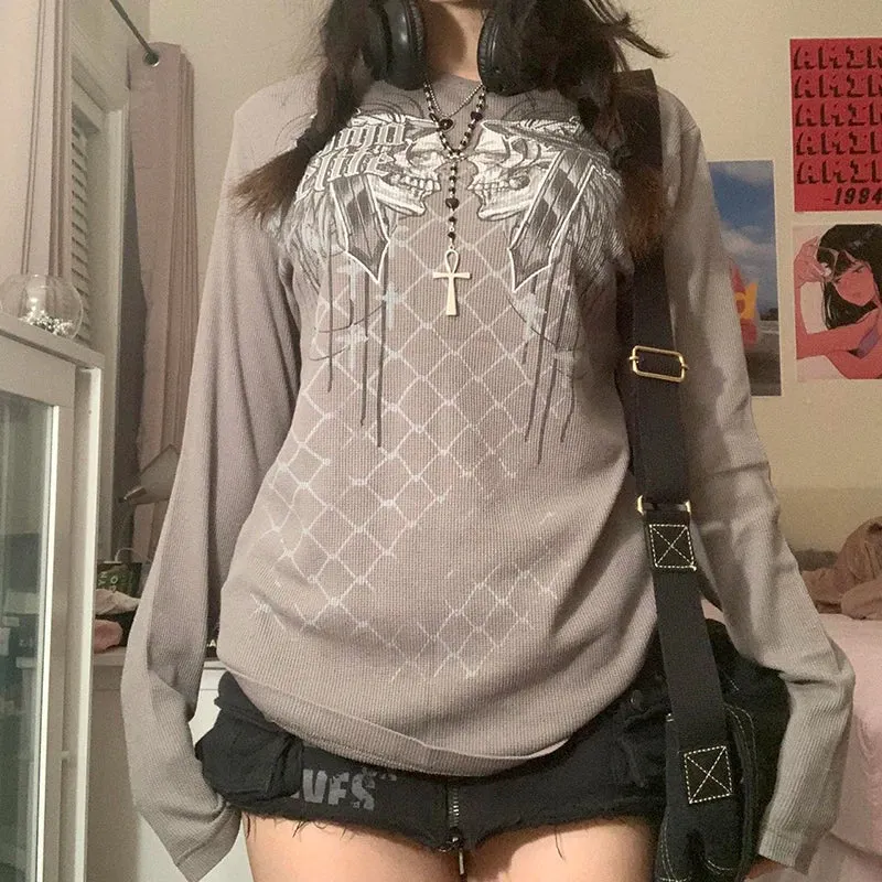 Maxct Mall Goth 2000s Retro Pullovers Tops Vintage Graphics Y2K Loose T Shirt Chic Aesthetic Autumn Long Sleeve Tees Grunge Streetwear