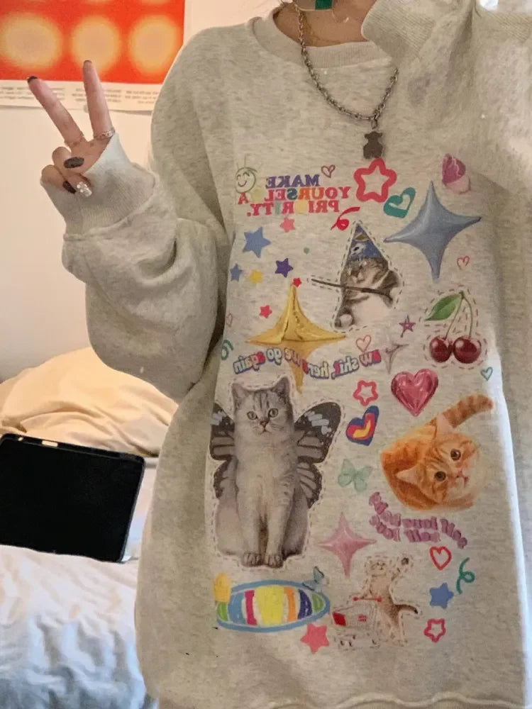 Maxct Kawaii Cat Print Hoodie Women Cutecore Long Sleeve Sweatshirt American Retro E-girl Kitten Angel Graphic Alt Clothes Y2k