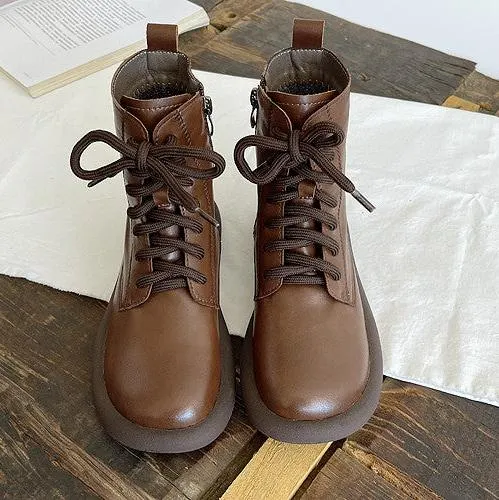 Maxct Women Autumn Retro Round Toe Leather Martin Boots