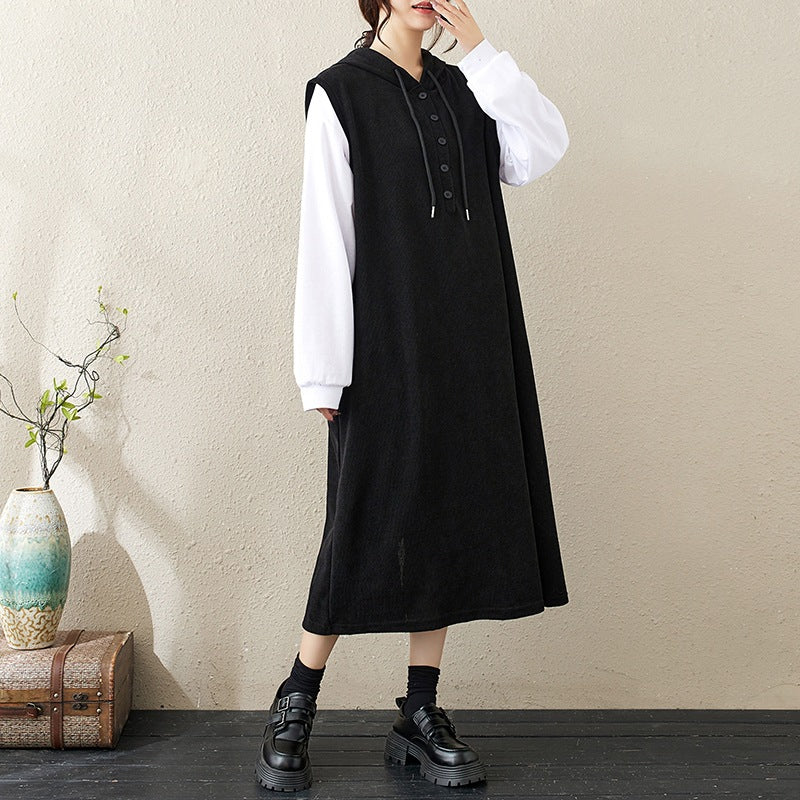 Maxct Women Autumn Retro Corduroy Hoodie Dress