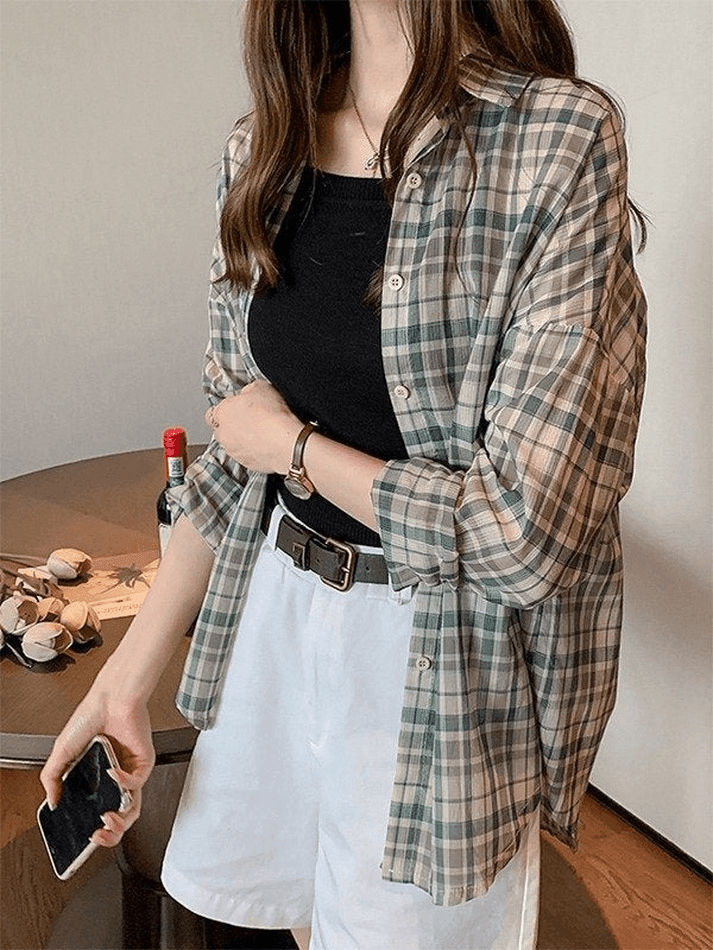 Maxct Vintage Checkered Long Sleeve Button Blouse