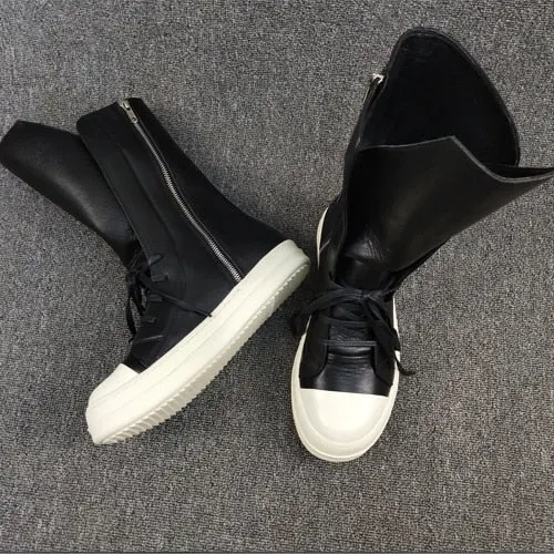 Leather Sneakers  Black Round Toe High-top Unisex Maxct
