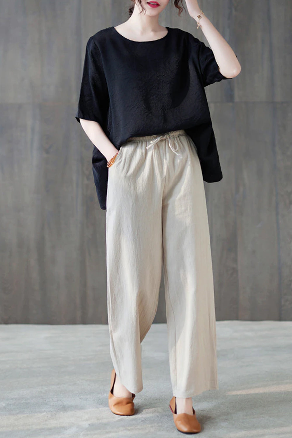 Cotton Linen Elastic Waist Colors Wide Leg Pants Maxct