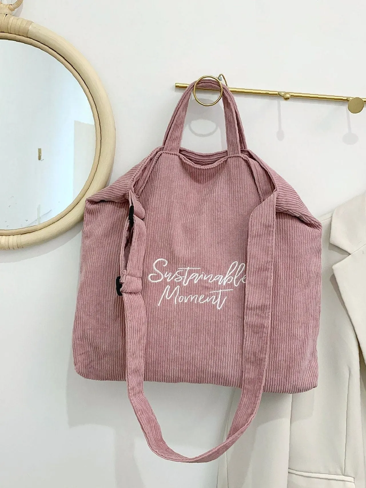 Maxct - Corduroy Letter Graphic Top Handle Bag  - Women Tote Bags