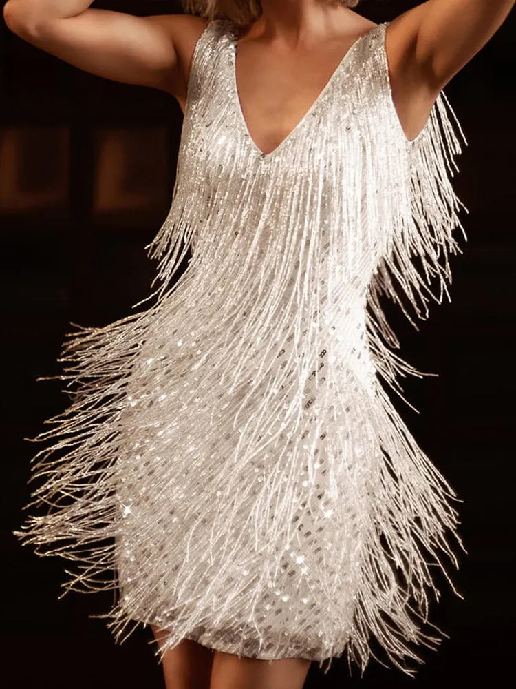 Sequin Sleeveless Tassels Dress Maxct